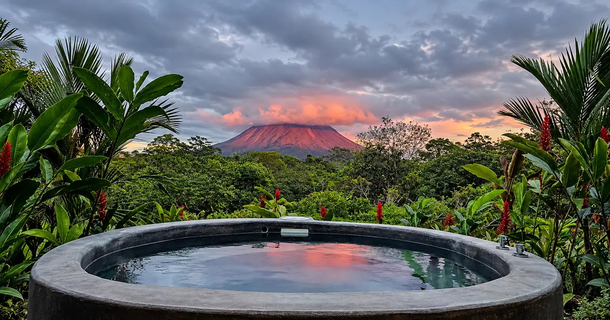 Interior de domo geodésico integrado con la naturaleza tropical
